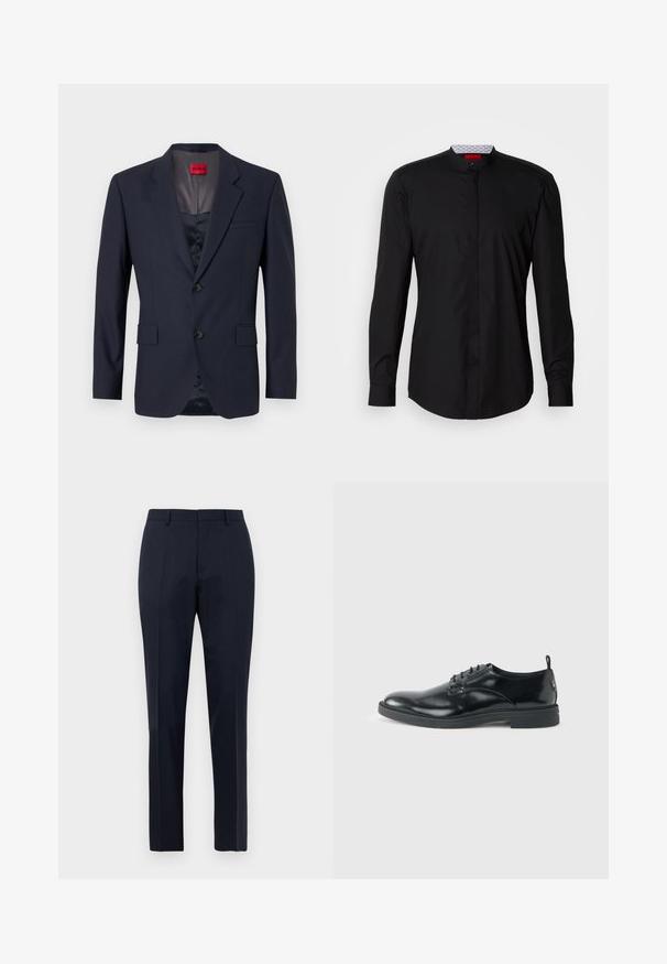 Blazer navy de tela suave con un diseño de un solo botón, dos bolsillos frontales y botones negros. Etiqueta de marca roja en el interior.; Camisa negra de manga larga con cuello mandarín, confeccionada en una tela suave, con cierre de botones en la parte delantera y detalles de diseño sutiles.; Pantalones de vestir para hombre en azul marino, ajustados, con un sutil patrón de cuadros, pasadores para cinturón y pliegue frontal, exhibidos de frente sobre fondo blanco.; Zapato de vestir negro de cuero brillante con tacón bajo, cierre de cordones y puntera redonda, mostrado de lado sobre un fondo claro y liso.