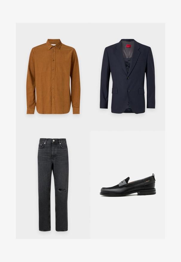 Blazer marine en tissu lisse avec un design à boutonnage simple, deux poches avant et des boutons noirs. Étiquette de marque rouge à l'intérieur.; Chemise à manches longues marron en tissu lisse, dotée d'un col classique et de sept boutons à l'avant, avec des manches à poignets droits.; Jean en denim noir avec jambe droite, présentant un genou déchiré, un design à cinq poches et des accessoires en métal à la taille et aux poches.; Mocassin en cuir noir avec détail de bride grise, talon bas et semelle texturée, marqué "HUGO" en or sur le côté.
