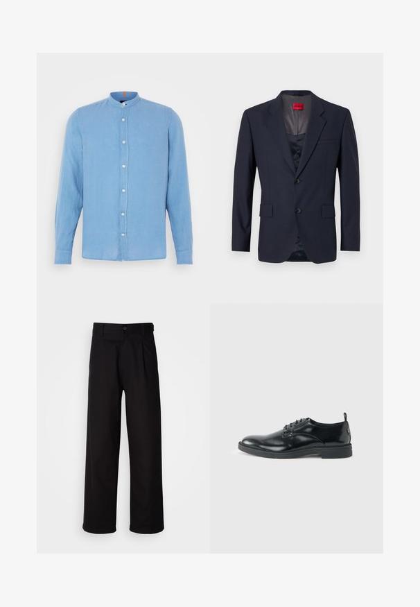 Navy Blazer aus glattem Stoff mit einreihiger Knopfleiste, zwei Vordertaschen und schwarzen Knöpfen. Rotes Markenlabel innen.; Himmelblaues Langarmhemd mit Stehkragen, Knopfleiste vorne und kleinen weißen Knöpfen; aus einem glatten, strukturierten Stoff gefertigt.; Schwarze Hosen aus glattem Stoff, mit geradem Bein, vornehme Falten und einem einzigen Knopfverschluss an der Taille.; Glänzender schwarzer Lederschuh mit niedrigem Absatz, Schnürverschluss und runder Kappe, seitlich auf hellem, schlichten Hintergrund gezeigt.