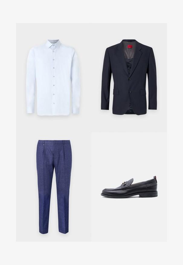 Blazer marine en tissu lisse avec un design à boutonnage simple, deux poches avant et des boutons noirs. Étiquette de marque rouge à l'intérieur.; Chemise à manches longues bleu clair avec un col pointu, fermeture à boutons à l'avant et texture lisse. Présente des accents de boutons argentés sur le plastron.; Pantalons bleu marine en tissu texturé, dotés d'une coupe droite, de deux plis à l'avant et d'un accent métallique discret au niveau de la taille.; Mocassin en cuir noir avec empeigne texturée grise, détail boucle en métal argenté, petit talon et languette à l'arrière.