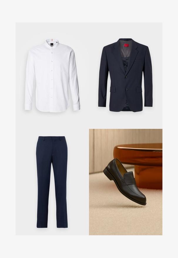 Navy Blazer aus glattem Stoff mit einreihiger Knopfleiste, zwei Vordertaschen und schwarzen Knöpfen. Rotes Markenlabel innen.; Weißes langärmliges Hemd mit Stehkragen, Knopfleiste und abgerundetem Saum. Aus Baumwolle gefertigt, mit einer glatten Textur und dezentem Glanz.; Marineblaue maßgeschneiderte Hose mit Gürtelschlaufen, Reißverschluss vorne und geradem Bein, vor einem schlichten weißen Hintergrund.; Schwarzer Leder-Loafer mit niedrigem Absatz, der über einem beigen Teppichboden nahe einem runden braunen Tisch schwebt.