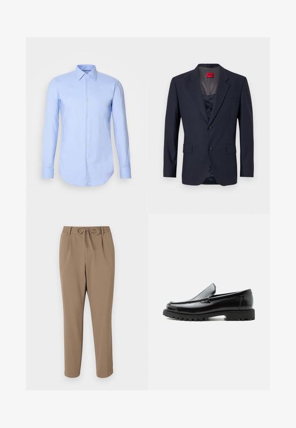 Blazer marine en tissu lisse avec un design à boutonnage simple, deux poches avant et des boutons noirs. Étiquette de marque rouge à l'intérieur.; Chemise à manches longues bleu clair en coton, dotée d'un devant à boutons, d'un col et d'un ourlet arrondi. Texture lisse sans motifs.; Pantalons beiges fuselés avec une taille à cordon de serrage, des poches latérales et une texture lisse. Aucun motif visible ni accent supplémentaire.; Mocassin en cuir noir avec semelle en caoutchouc épaisse, dessus cousu et nom de marque embossé sur le talon, présenté de profil sur fond blanc.