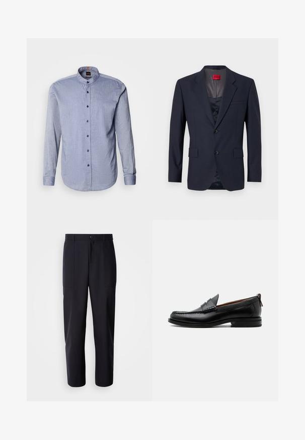 Blazer navy de tela suave con un diseño de un solo botón, dos bolsillos frontales y botones negros. Etiqueta de marca roja en el interior.; Camisa abotonada de tela azul claro, con cuello tipo banda, mangas largas y botones azul oscuro. Textura suave con un patrón sutil.; Pantalones oscuros de navy, confeccionados en un tejido suave, con un diseño de pierna recta, dos bolsillos laterales y un cierre de botón en la cintura.; Mocasín de hombre de piel negra con costura moc toe, tira penny, cuello texturizado y tacón bajo apilado sobre fondo blanco.