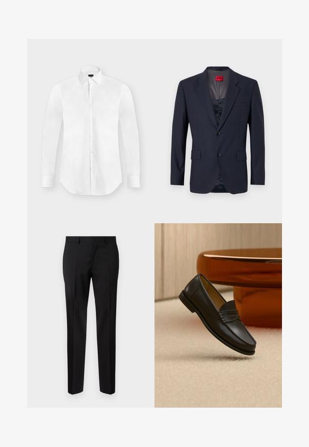 Blazer navy de tela suave con un diseño de un solo botón, dos bolsillos frontales y botones negros. Etiqueta de marca roja en el interior.; Camisa blanca de vestir de manga larga con botones y cuello puntiagudo, colocada perfectamente plana sobre un fondo gris claro.; Pantalones negros de corte ajustado, hechos de una tela suave, con pernera recta, detalles de pinzas refinadas y una cinturilla clásica con ojales para cinturón.; Zapato mocasín de cuero negro suspendido sobre una alfombra beige con muebles modernos de color ámbar en el fondo.