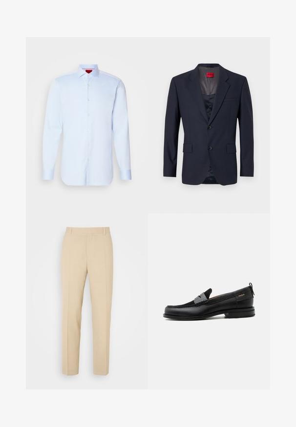 Blazer navy de tela suave con un diseño de un solo botón, dos bolsillos frontales y botones negros. Etiqueta de marca roja en el interior.; Camisa de botones de manga larga en azul claro con cuello extendido, dobladillo redondeado y botones blancos. Tejido suave con un brillo sutil.; Pantalones de color beige ajustados con un diseño de pierna recta, elaborados en una tela ligera, que presentan dos bolsillos frontales y pliegues bien planchados.; Mocasín de cuero negro con detalle de tira gris, tacón bajo y suela texturizada, con la marca "HUGO" en oro en el lateral.