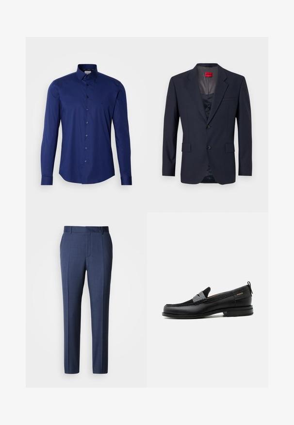 Blazer navy de tela suave con un diseño de un solo botón, dos bolsillos frontales y botones negros. Etiqueta de marca roja en el interior.; Camisa de manga larga azul marino hecha de algodón suave, con una botonera y un collar estructurado, con un sutil logo cerca del pecho.; Pantalones entallados azul marino hechos de tela suave, con frente plano, trabillas para cinturón y pliegues prensados para un aspecto limpio.; Mocasín de cuero negro con detalle de tira gris, tacón bajo y suela texturizada, con la marca "HUGO" en oro en el lateral.