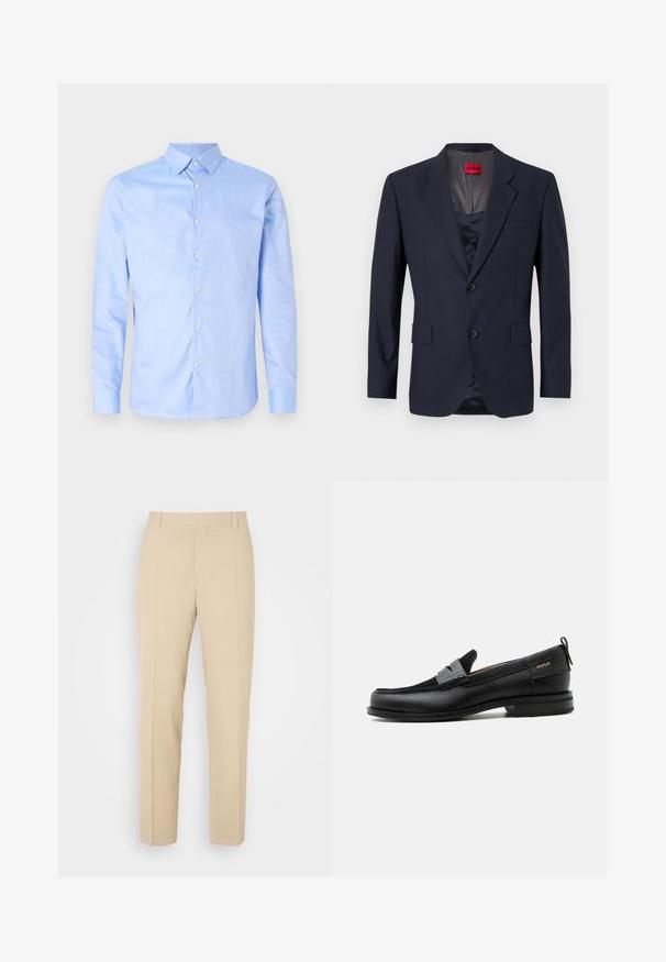 Navy Blazer aus glattem Stoff mit einreihiger Knopfleiste, zwei Vordertaschen und schwarzen Knöpfen. Rotes Markenlabel innen.; Hellblaues Hemd mit langen Ärmeln, einem spitzen Kragen und weißen Knöpfen. Verfügt über ein gemustertes Innenfutter am Kragen. Glatte Stofftextur.; Beige maßgeschneiderte Hosen mit geradem Bein, aus leichtem Stoff, mit zwei vorderen Taschen und ordentlich gebügelten Falten.; Schwarzer Lederloafer mit grauem Riemendetail, niedrigem Absatz und strukturierter Sohle, seitlich mit „HUGO“ in Gold gebrandmarkt.