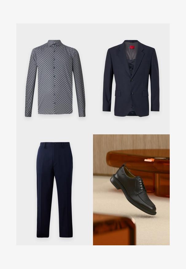 Blazer marine en tissu lisse avec un design à boutonnage simple, deux poches avant et des boutons noirs. Étiquette de marque rouge à l'intérieur.; Chemise à manches longues de couleur bleu marine foncé avec un motif floral blanc répété. Dotée d'un col pointu et de boutons sur le devant. Texture de tissu lisse.; Pantalon marine en tissu lisse, avec une coupe droite classique, des poches frontales et une fermeture à bouton à la taille.; Chaussure habillée noire en cuir à lacets avec devant texturé, flottant au-dessus d'un tapis beige dans une pièce moderne avec des meubles teintés d'ambre.