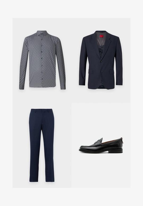 Blazer marine en tissu lisse avec un design à boutonnage simple, deux poches avant et des boutons noirs. Étiquette de marque rouge à l'intérieur.; Chemise à manches longues de couleur bleu marine foncé avec un motif floral blanc répété. Dotée d'un col pointu et de boutons sur le devant. Texture de tissu lisse.; Pantalon tailleur bleu marine avec passants de ceinture, fermeture éclair devant et coupe droite sur fond blanc uni.; Mocassin homme en cuir noir avec couture moc toe, bride penny, col texturé et petit talon empilé sur fond blanc.