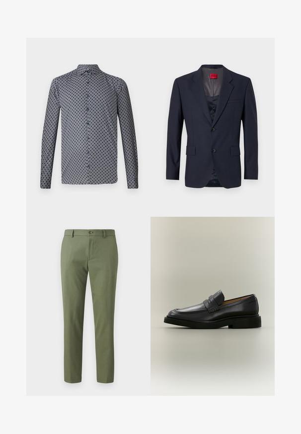 Blazer marine en tissu lisse avec un design à boutonnage simple, deux poches avant et des boutons noirs. Étiquette de marque rouge à l'intérieur.; Chemise à manches longues de couleur bleu marine foncé avec un motif floral blanc répété. Dotée d'un col pointu et de boutons sur le devant. Texture de tissu lisse.; Pantalons verts en tissu texturé, avec une coupe slim, des jambes droites et une fermeture à bouton à l'avant. Convient pour une tenue décontractée ou formelle.; Mocassin homme en cuir noir avec un petit talon et une bride sur le dessus, montré de profil sur un fond neutre.