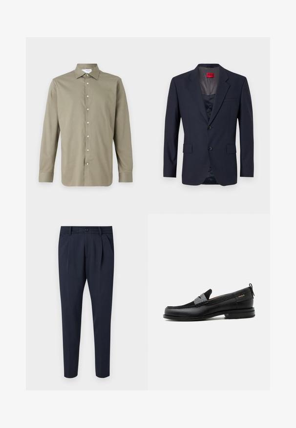 Navy Blazer aus glattem Stoff mit einreihiger Knopfleiste, zwei Vordertaschen und schwarzen Knöpfen. Rotes Markenlabel innen.; Langarmhemd in Olivgrün. Knopfleiste mit hellen Knöpfen. Weiche Textur und taillierte Passform mit klassischem Kragen.; Hose aus glattem Stoff in Marineblau, mit Falten, einem Reißverschluss und Knopfverschluss, seitlichen Taschen und einem schmalen Beindesign.; Schwarzer Lederloafer mit grauem Riemendetail, niedrigem Absatz und strukturierter Sohle, seitlich mit „HUGO“ in Gold gebrandmarkt.