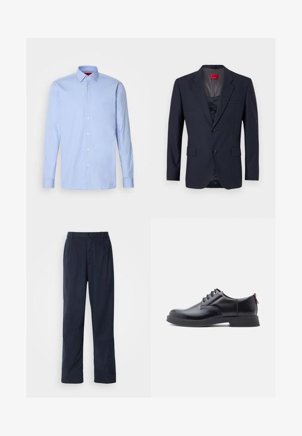 Navy Blazer aus glattem Stoff mit einreihiger Knopfleiste, zwei Vordertaschen und schwarzen Knöpfen. Rotes Markenlabel innen.; Hellblaues langärmliges Hemd aus Baumwolle mit klassischem Kragen und Knopfleiste mit weißen Knöpfen. Glatte Textur.; Marineblaue Hose aus Baumwollmischung. Verfügt über einen geraden Schnitt, einen vorderen Knopfverschluss und dezente Falten. Glatte Textur.; Schwarze Leder-Schnürschuhe mit glatter Textur, rundem Zehenbereich und dezenten Ziernähten. Mit einem roten Laschenband an der Ferse.