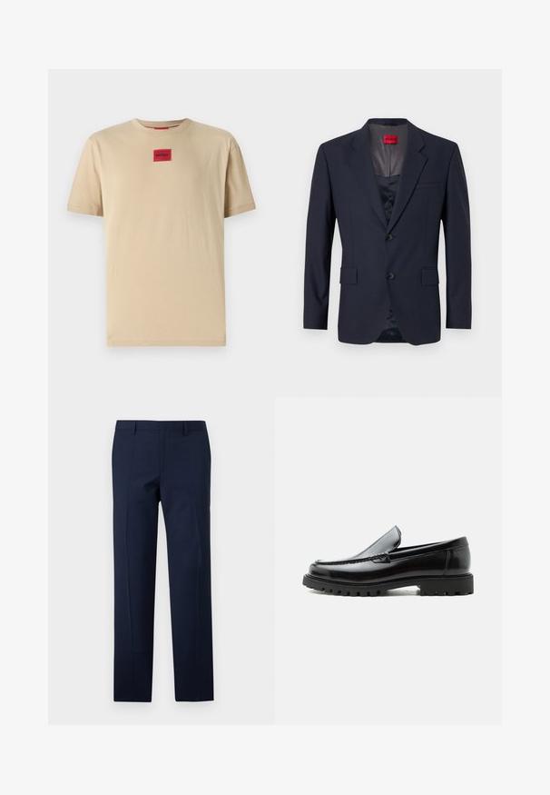 Blazer marine en tissu lisse avec un design à boutonnage simple, deux poches avant et des boutons noirs. Étiquette de marque rouge à l'intérieur.; T-shirt en coton beige avec une coupe décontractée, présentant un petit patch logo "HUGO" rouge au centre et un col rond classique.; Pantalons bleu marine à coupe ajustée, présentant une texture lisse, des plis marqués et un design à plat. Fermeture zippée dissimulée.; Mocassin en cuir noir avec semelle en caoutchouc épaisse, dessus cousu et nom de marque embossé sur le talon, présenté de profil sur fond blanc.