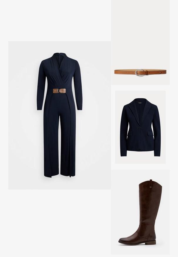 Blazer marine à fermeture à un bouton, avec revers crantés et deux poches avant ; fabriqué en tissu texturé avec une coupe ajustée.; Combinaison navy à manches longues, décolleté en V et ceinture brune. Le design présente un buste ajusté et des jambes larges et fluides. Texture lisse.; Bottes marron jusqu'aux genoux en cuir lisse, avec un bout arrondi, un petit talon empilé et un subtil motif de couture sur les côtés.; Ceinture en cuir marron avec boucle ovale argentée et coutures blanches, posée à plat sur un fond gris clair.