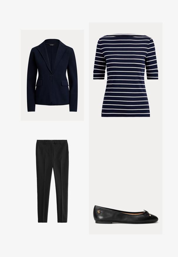 Blazer marine à fermeture à un bouton, avec revers crantés et deux poches avant ; fabriqué en tissu texturé avec une coupe ajustée.; Chemise bleu marine avec des rayures horizontales blanches et des manches aux coudes, montrée sur un fond clair uni.; Pantalon noir sur mesure en tissu lisse. Présente un devant plat, des poches latérales et une coupe ajustée. Style épuré et minimaliste.; Ballerine en cuir noir avec petit nœud et détail de logo doré au talon, semelle plate et bout arrondi.
