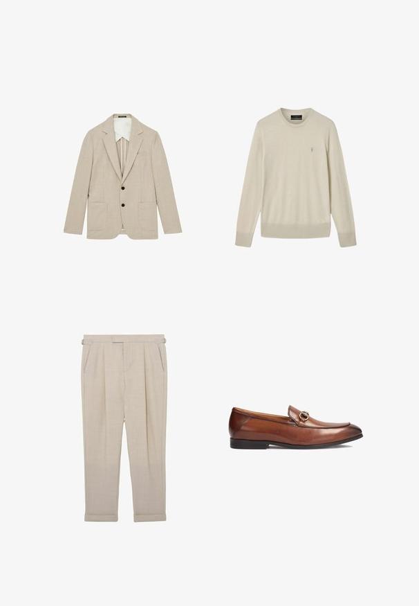 Beige blazer med en struktureret overflade, en-knap design, to forlommer og sorte knapper. Blandet med et kontrasterende hvidt materiale.; Beige langærmet sweater med rund hals og ribstrikkede manchetter og kant, med en lille broderet logo på venstre bryst.; Beige skræddersyede bukser med justerbare stropper i siderne, plisseringer, sidelommer og opsmøgede kanter, vist fladt på en hvid baggrund.; Brune læder loafers med rund tå, syningsdetaljer og en dekorativ metalspændeaccent foran. Gummisol.