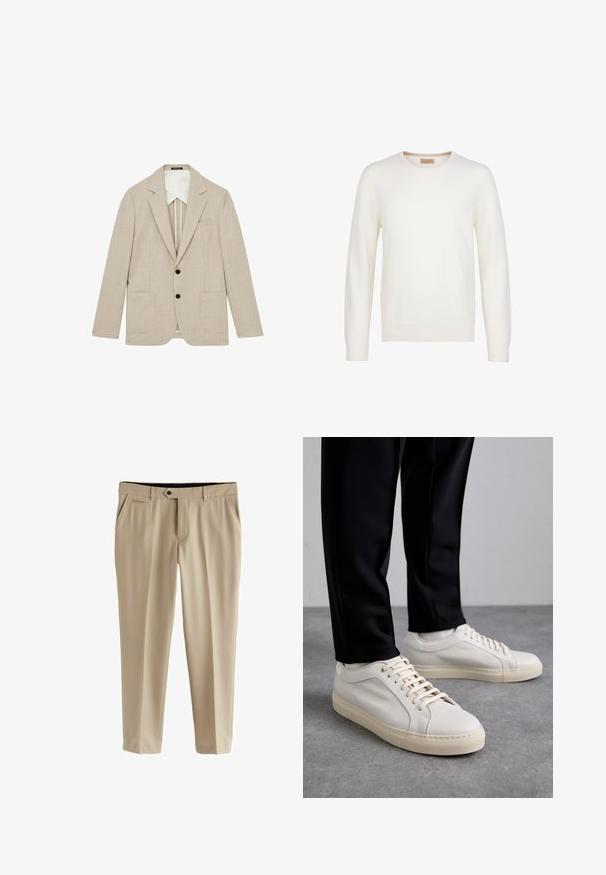 Beige Blazer mit strukturiertem Finish, einreihiges Design, zwei Vordertaschen und schwarzen Knöpfen. Gefüttert mit einem kontrastierenden weißen Material.; Schlichter weißer Langarmpullover mit Rundhalsausschnitt, einfachem Design und kleinem braunem Etikett innen am Kragen.; Beige Anzughose aus glattem Stoff. Hat eine flache Front, zwei seitliche Taschen und einen Knopfverschluss mit Reißverschluss.; Helle beigefarbene Leder-Sneaker mit flachen Schnürsenkeln, einer strukturierten Oberfläche und einer kontrastierenden, cremefarbenen Gummisohle, kombiniert mit schwarzen eng geschnittenen Hosen.