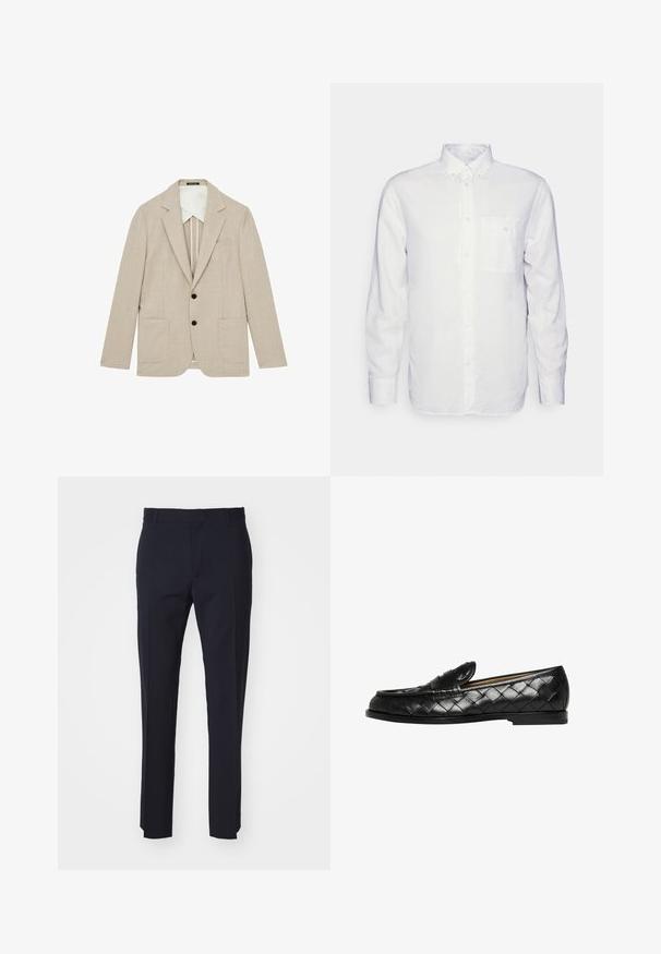 Beige blazer med en struktureret overflade, en-knap design, to forlommer og sorte knapper. Blandet med et kontrasterende hvidt materiale.; Langærmet hvid skjorte lavet af bomuld, med en knap-down krave, brystlomme og almindelig pasform. Struktureret stof med en glat overflade.; Marinefarvede skræddersyede bukser lavet af vævet stof, med flad front, bæltesløjfer og lige ben. Ingen synlige mønstre eller hardware.; Sorte læderloafers med vævet tekstur, rund tå og flad gummisål. Har en dekorativ rem tværs over vristen.