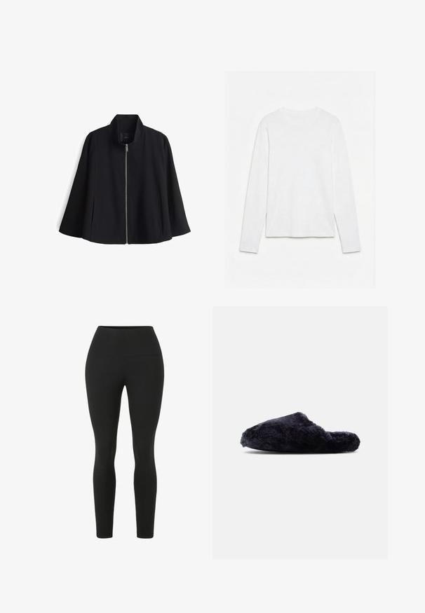 Schwarze leichte Jacke mit hohem Kragen, Reißverschluss vorne und weiten Ärmeln. Hergestellt aus glattem Stoff, mit minimalen Nähten und ohne sichtbare Hardware.; Schlichtes weißes Langarm-T-Shirt mit Rundhalsausschnitt, flach auf einer weißen Oberfläche liegend, Vorderseite und gesamte Ärmellänge sichtbar.; Schwarze Leggings mit einem hohen Bund. Hergestellt aus dehnbarem Stoff, mit einer glatten Textur und einer anliegenden Silhouette ohne sichtbare Nähte.; Schwarzer, flauschiger Hausschuh zum Hineinschlüpfen mit geschlossener Zehenpartie und offenem Rücken, weiches, strukturiertes Stoffmaterial, seitliche Ansicht vor weißem Hintergrund.