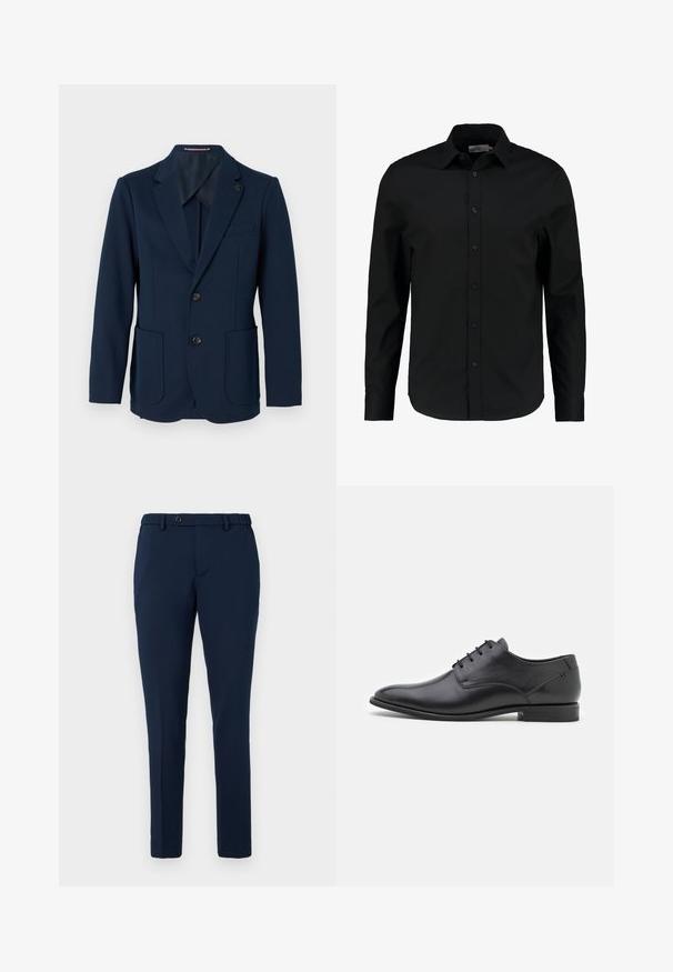 Marineblå herreblazer med to frontlommer, to sorte knapper, notch-lapel og et lille firkantet nål på venstre lapel.; Sort langærmet skjorte lavet af glat stof, har en knaplukning foran, spidse kraver og en skræddersyet pasform med en buet kant.; Mørkeblå slim-fit bukser med bæltestropper, knaplukning og elastisk talje vist mod en hvid baggrund.; Sorte læderdressko med en glat tekstur, spids tå, lav hæl og seks snørrehuller. Simpelt design uden udsmykninger.