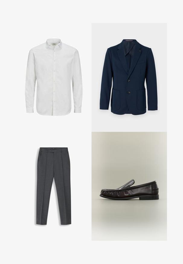 Blazer bleu marine pour homme avec deux poches avant, deux boutons noirs, revers en pointe et une petite épingle carrée sur le revers gauche.; Chemise blanche à manches longues en coton, dotée d'un col classique, d'une coupe droite et d'une texture subtile. Fermeture par boutons standard.; Pantalon homme gris foncé ajusté avec plis sur le devant, passants de ceinture, poches latérales et fermeture de la taille par bouton.; Mocassin en cuir noir à enfiler, avec un petit talon et des coutures visibles le long du bout et des côtés, marqué d’un petit logo sur le côté.