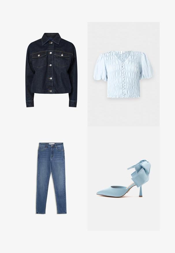 Dunkelblaue Jeansjacke mit Kragen, ausgestattet mit zwei Brusttaschen, silbernen Druckknöpfen und kontrastierenden gelben Nähten. Kürzere Silhouette.; Hellblaue Cropped-Bluse mit Puffärmeln, gerafftem Stoff, vorn mit stoffbezogenen Knöpfen und leichtem V-Ausschnitt.; Blaue Denim-Jeans mit hoher Taille, slim Fit, Fronttaschen, Reißverschluss und kontrastierenden Nähten. Strukturierte Gestaltung mit glatter Textur.; Hellblaue High Heels mit spitz zulaufender Schuhspitze, Stiletto-Absatz und großer dekorativer Schleife am hinteren Knöchelriemen.