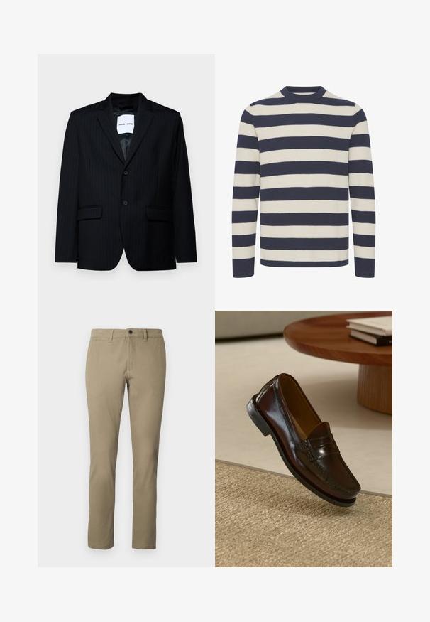 Blazer noir à rayures en tissu lisse, avec un revers cranté, une fermeture à deux boutons et deux poches avant. L'intérieur est doté d'une doublure lisse.; Pull en tricot à col rond avec de larges rayures horizontales bleu marine et crème, des manches longues et une texture douce.; Chinos kaki en mélange de coton, avec une coupe droite, une taille standard avec fermeture à bouton et des poches latérales.; Mocassins en cuir marron au fini brillant, avec un détail cousu sur le devant et une semelle en caoutchouc noir à profil bas.
