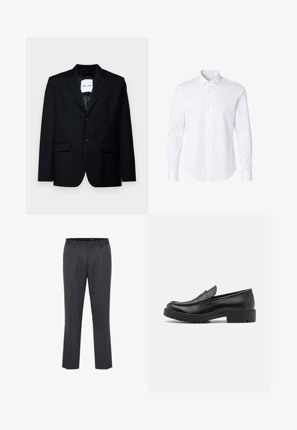 Blazer negro a rayas con un tejido suave, que presenta un solapa con muesca, cierre de dos botones y dos bolsillos frontales. El interior tiene un forro suave.; Camisa blanca de manga larga con botones, cuello clásico y puños, mostrada extendida sobre un fondo blanco.; Pantalones de corte oscuro en gris, confeccionados con un tejido suave, que presentan un frontal plano, piernas con pliegues y una cinturilla estándar. Sin bolsillos visibles ni adornos.; Mocasines de cuero negro con punta redondeada, diseño sin cordones y suela de goma gruesa con agarre texturizado. Tacón elevado y detalles de costura sutiles.