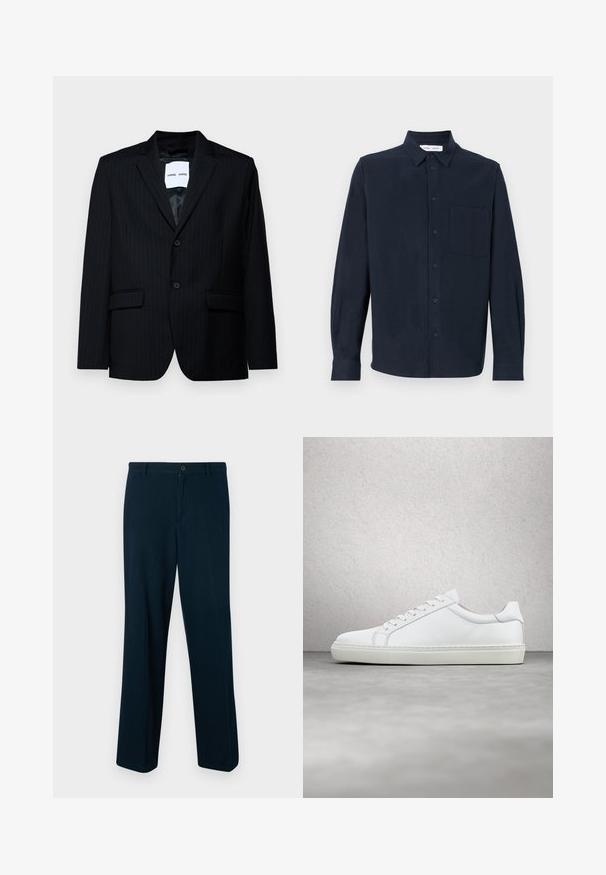 Blazer noir à rayures en tissu lisse, avec un revers cranté, une fermeture à deux boutons et deux poches avant. L'intérieur est doté d'une doublure lisse.; Chemise à manches longues bleu marine en tissu doux, avec un devant boutonné, un col pointu et une poche poitrine simple.; Pantalons bleu marine en tissu lisse, dotés d'une fermeture à bouton, d'une coupe droite et d'un design minimaliste.; Sneaker blanche avec une tige en cuir lisse et un profil bas. Présente un bout arrondi, six œillets et une semelle en caoutchouc texturé.