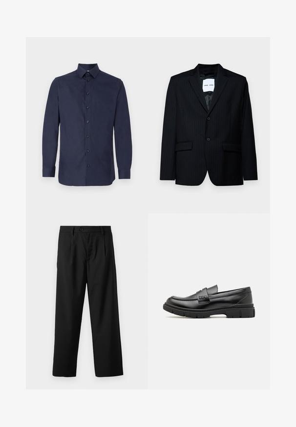 Musta pinstripe bleiseri, joka on valmistettu sileästä kankaasta. Siinä on kauluskieleke, kahden napin suljenta ja kaksi etutaskua. Sisäpuolella on sileä vuori.; Tummansininen nappipaita, joka on valmistettu sileästä kankaasta. Paita sisältää klassisen kauluksen, pitkät hihat ja seitsemän mustaa nappia edessä.; Mustat housut suoralinjaisella leikkauksella, joissa on yksittäinen napitus, kaksi etutaskua ja sileä, kevyt kangas.; Musta nahkainen loaferi, jossa on leveä hihna vampin poikki, kumipohja paksuilla kureilla ja sileä pinta. Klassinen, tyylikäs muotoilu.