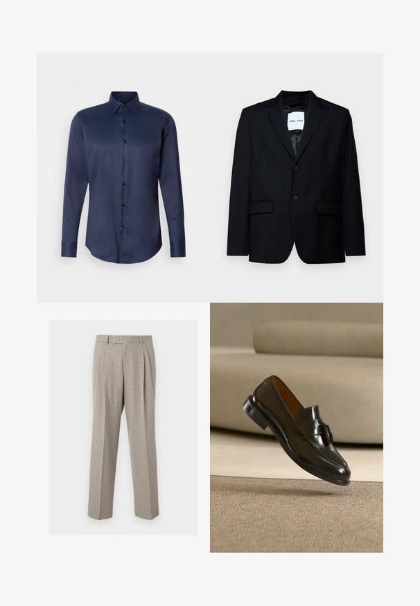 Schwarzer Nadelstreifenblazer aus glattem Stoff, mit einem Reverskragen, zweiknopfigem Verschluss und zwei vorderen Taschen. Das Innenfutter ist glatt.; Marineblaues langärmliges Herrenhemd mit spitzem Kragen und vorderem Knopfverschluss, auf einem einfarbigen weißen Hintergrund präsentiert.; Beige und braun karierte, gerade geschnittene Hose mit Falten, Gürtelschlaufen und maßgeschneiderter Passform vor einem schlichten weißen Hintergrund.; Schwarzer Ledertasselloafer, der über einem beigen Teppich schwebt, im Hintergrund ein beiges Sofa.