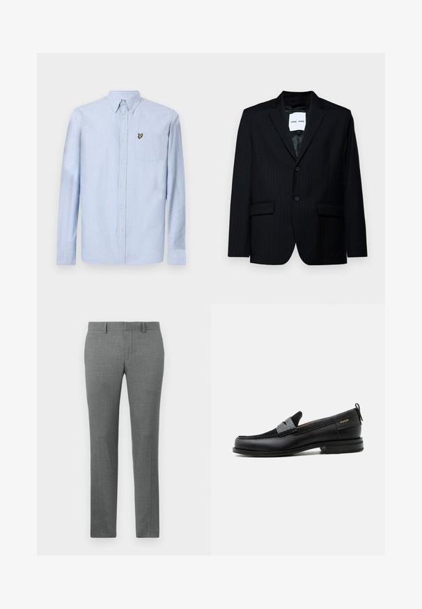 Schwarzer Nadelstreifenblazer aus glattem Stoff, mit einem Reverskragen, zweiknopfigem Verschluss und zwei vorderen Taschen. Das Innenfutter ist glatt.; Hellblaues Langarmhemd mit Button-Down-Kragen, Brusttasche und gesticktem Logo. Hergestellt aus strukturiertem Baumwollstoff.; Grau maßgeschneiderte Hose mit glatter Textur, geradem Schnitt, Gürtelschlaufen und einem dezenten Fischgrätenmuster.; Schwarzer Lederloafer mit grauem Riemendetail, niedrigem Absatz und strukturierter Sohle, seitlich mit „HUGO“ in Gold gebrandmarkt.