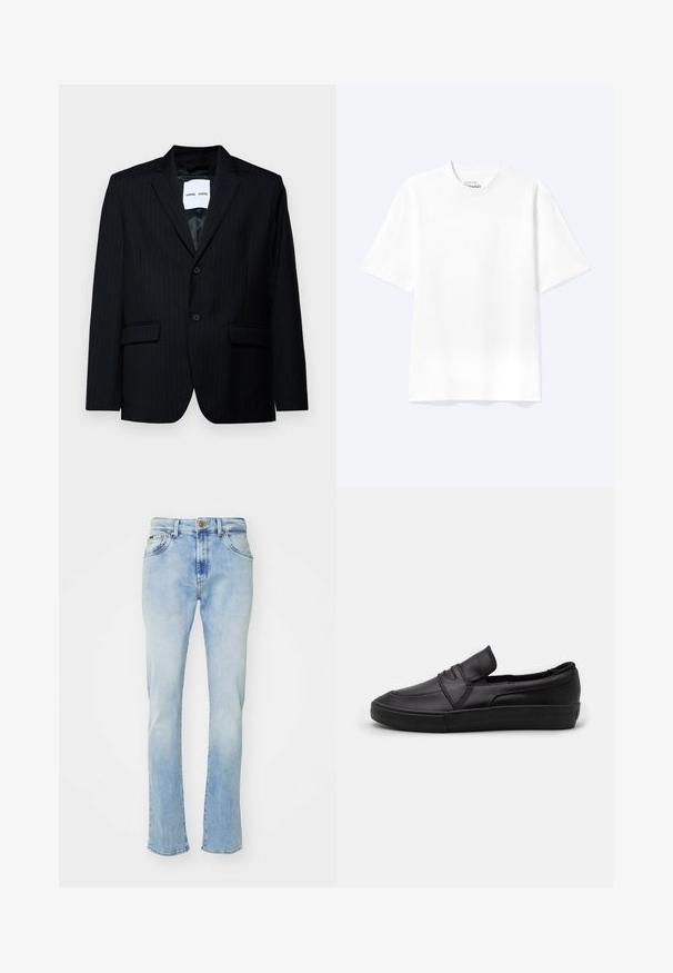 Zwarte pinstripe blazer van soepel materiaal, met een notch lapel, een sluiting met twee knopen en twee frontzakken. De binnenkant heeft een gladde voering.; Effen witte T-shirt met korte mouwen en ronde hals, met een losse pasvorm, weergegeven op een lichte achtergrond.; Lichtblauwe denim jeans met een rechte pasvorm, voorzien van vijf zakken, een knoopsluiting en subtiele vervaging bij de dijen en de zoom.; Zwarte instap schoenen van glad leer, met een gestikt ontwerp aan de voorkant en een betrokken rubberen zool voor grip.