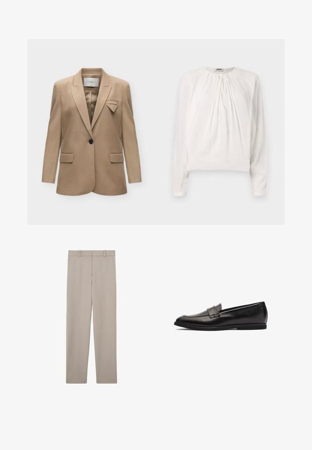 Beige blazer met een enkele knoop, notch-revers, klepzakken en een decoratief gevouwen stofdetail op de linkerborstzak.; Witte blouse met lange mouwen, ronde hals en geplooide voorkant. Zacht, glad materiaal met een comfortabele pasvorm en knoopdetails bij de kraag.; Beige rechte broek met riemlussen en een strak, minimalistisch ontwerp, plat weergegeven op een witte achtergrond.; Zwarte leren instapper met een gladde afwerking, ronde neus en dubbele stiksels op de bovenkant. Platte rubberen zool voor comfort.