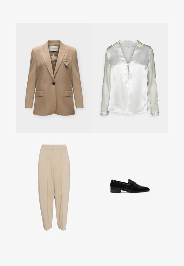 Blazer beige de un solo botón con solapas con muesca, bolsillos con solapa y un detalle decorativo de tela doblada en el área del bolsillo izquierdo del pecho.; STUDIO ID ALYSSA - Blusa - champagne; Pantalones beige entallados con cintura alta, frente plisado y pierna ajustada. La tela parece suave con un sutil brillo. Sin bolsillos visibles.; Mocasines de cuero negro con un tacón plano, que presentan una correa rectangular en el empeine y una superficie lisa y pulida.