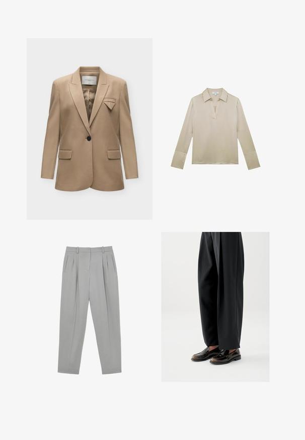 Blazer beige à un bouton, avec revers crantés, poches à rabat et un détail décoratif en tissu plié sur la poche poitrine gauche.; Blouse beige à manches longues avec col en V et poignets boutonnés, présentée sur un fond blanc.; Pantalon gris clair ajusté avec plis sur le devant, poches fendues sur les côtés, passants pour ceinture et coupe droite.; Mocassins noirs en cuir brillant, avec une lanière décorative sur le dessus, assortis à un pantalon noir ample.