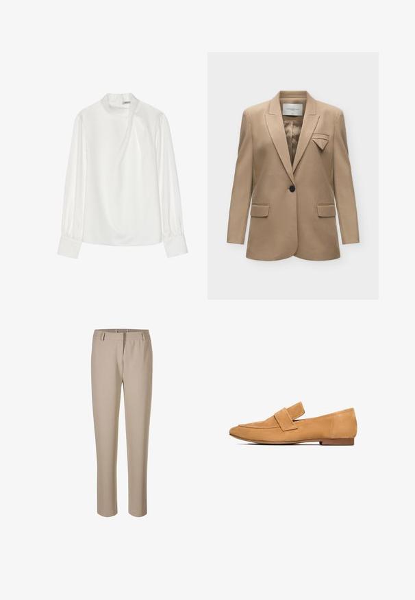 Blazer beige à un bouton, avec revers crantés, poches à rabat et un détail décoratif en tissu plié sur la poche poitrine gauche.; Blouse blanche avec un col montant, des manches longues bouffantes et une fermeture éclair au dos. Tissu lisse avec un léger éclat et une drapé subtile.; Pantalons beiges ajustés avec passants de ceinture, fermeture éclair à l'avant et coupe droite sur un fond blanc.; Mocassins en cuir suédé tan avec un talon plat, un bout arrondi et une sangle cousue sur le devant pour une finition raffinée.