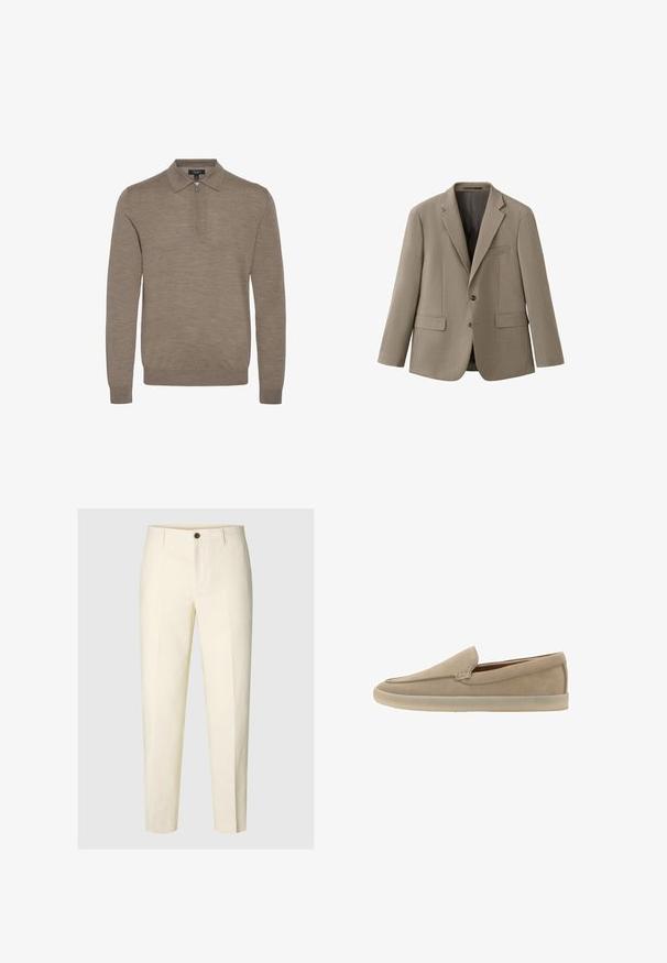 Blazer beige a medida para hombre con dos botones, solapas con muesca y tres bolsillos delanteros, mostrado sobre un fondo blanco.; Suéter marrón claro con cuello con cremallera, mangas largas y una textura suave, hecho de un material de punto fino.; Pantalones a medida de color crema con botón delantero y trabillas para cinturón, mostrados contra un fondo liso.; Zapato mocasín beige de ante con suela de goma clara, tacón bajo y detalles de costura sutiles a lo largo del borde superior.