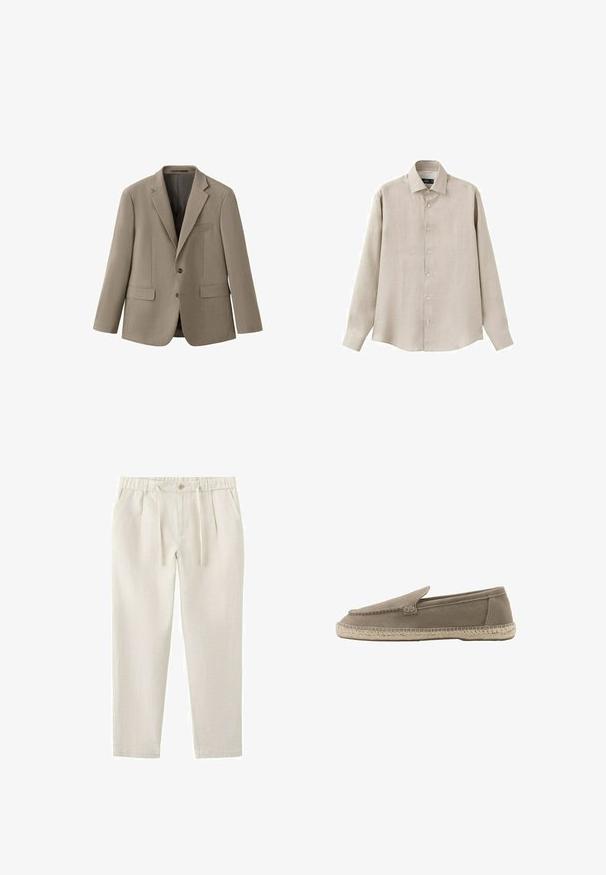 Blazer beige pour homme, ajusté, avec deux boutons, revers crantés et trois poches avant, présenté sur fond blanc.; Chemise beige à manches longues avec col pointu, boutons visibles sur le devant et poignets boutonnés, sur fond blanc.; Pantalon décontracté beige avec taille élastique, bouton, cordon de serrage, deux poches latérales et jambes fuselées.; Espadrille beige en daim à enfiler avec détails cousus et semelle en jute tressée, montrée de profil sur fond blanc.