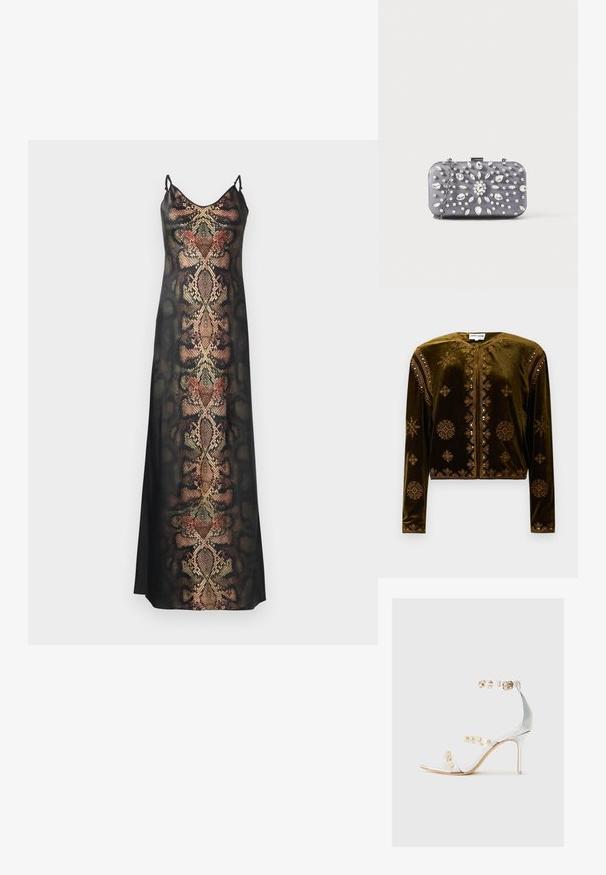 Mørkegrøn fløjlsjakke med lange ærmer, rund halsudskæring og intrikate guldbroderier med pailetter over det hele. Lynlås foran.; Sort slipdress med slangeskinds mønster i jordfarver og metalliske detaljer, med tynde justerbare stropper og en glat tekstur.; Gennemsigtig hæl sandal med transparente stropper dekoreret med guldnitter, slank hæl og åben tå design med en glat, blank finish.; Lille rektangulær mørkegrå clutch pyntet med klare rhinsten i et strålende mønster og en sølvkæde som strop.