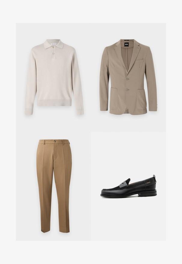 Beige op maat gemaakte blazer van zacht stof. Heeft een enkelvoudige knopen en twee knopen, met puntige revers en twee voorzakken.; Lichtbeige poloshirt met lange mouwen, gemaakt van zachte stof. Voorzien van een kraag, een drieknoopsluiting en ribgebreide manchetten en zoom.; Bruine maatwerkbroek met een rechte pasvorm, enkele plooien, riemlussen en een sluiting met een knoop aan de voorkant. Gladde stof met een matte textuur.; Zwarte leren loafer met grijs riemdetailelement, lage hak en gestructureerde zool, aan de zijkant gebrandmerkt met "HUGO" in goud.