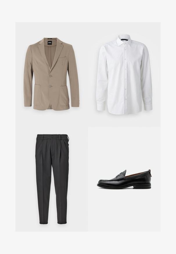 Blazer entallado beige hecho de tela suave. Presenta un diseño de un solo botón con dos botones, solapas en muesca y dos bolsillos frontales.; Camisa blanca de manga larga hecha de algodón. Presenta un cuello clásico, una parte delantera con botones y una textura suave con un brillo sutil.; Pantalones negros de tela suave, con un frente plisado, cinturilla elástica y piernas rectas con un fondo cónico.; Mocasín de hombre de piel negra con costura moc toe, tira penny, cuello texturizado y tacón bajo apilado sobre fondo blanco.