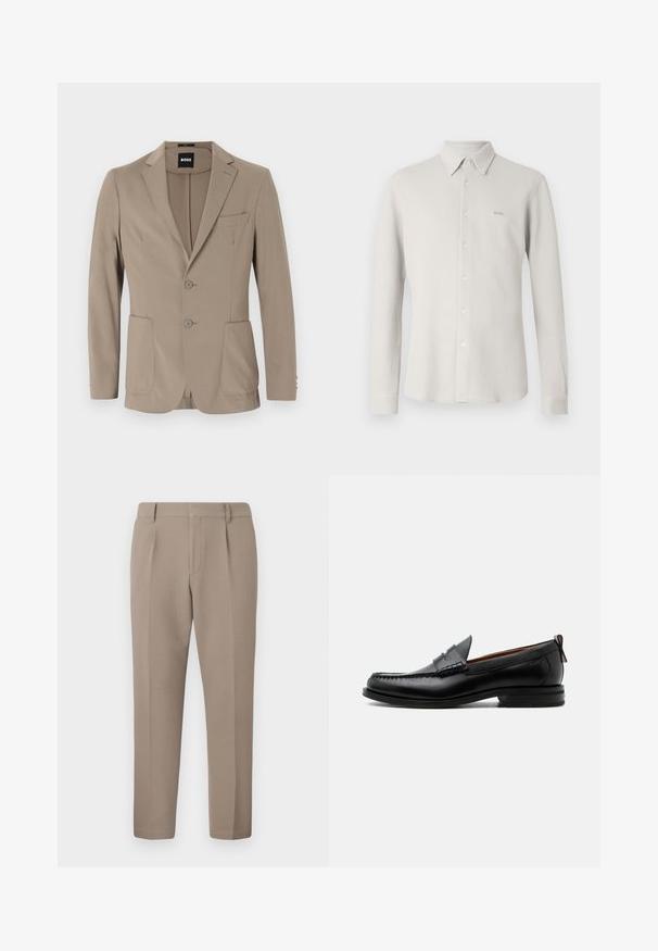 Blazer ajusté beige en tissu doux. Doté d'un design à un bouton avec deux boutons, revers crantés et deux poches avant.; Chemise gris clair boutonnée avec un tissu texturé, col et manches longues ; présente un logo "BOSS" subtil sur la poitrine.; Pantalon en tissu marron clair avec une texture lisse, présentant un design ajusté, des plis à l'avant et une coupe slim, s'arrêtant aux chevilles.; Mocassin homme en cuir noir avec couture moc toe, bride penny, col texturé et petit talon empilé sur fond blanc.