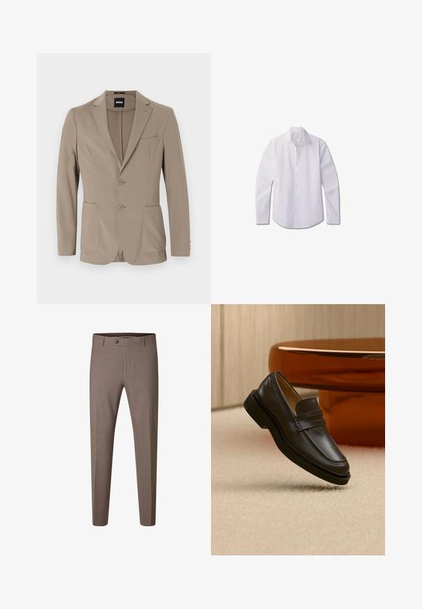 Blazer entallado beige hecho de tela suave. Presenta un diseño de un solo botón con dos botones, solapas en muesca y dos bolsillos frontales.; Joven con cabello corto y rizado, lleva una camisa blanca abotonada y pantalones negros, de pie con las manos detrás de la espalda.; Pantalones formales marrones de corte ajustado con botón y trabillas, mostrados sobre un fondo blanco.; Zapato mocasín de cuero negro flotando sobre una alfombra beige con muebles marrones redondeados al fondo.