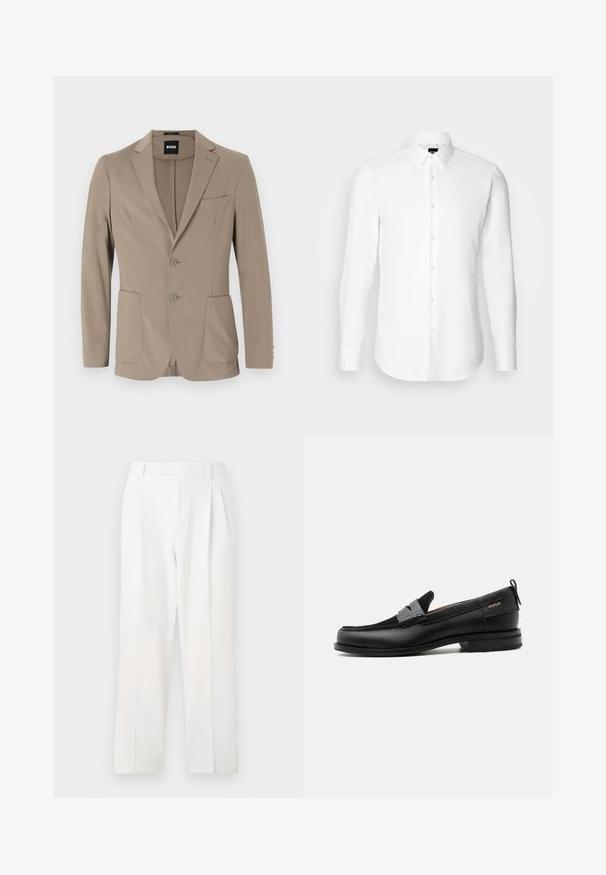Blazer ajusté beige en tissu doux. Doté d'un design à un bouton avec deux boutons, revers crantés et deux poches avant.; Chemise blanche à manches longues, boutonnée sur le devant, col classique, fabriquée en tissu lisse avec une texture subtile, conçue pour une coupe ajustée.; Pantalon blanc sur mesure avec une coupe droite, présentant des plis, un devant plat et une texture de tissu lisse. Aucune poche ni accent visible.; Mocassin en cuir noir avec détail de bride grise, talon bas et semelle texturée, marqué "HUGO" en or sur le côté.