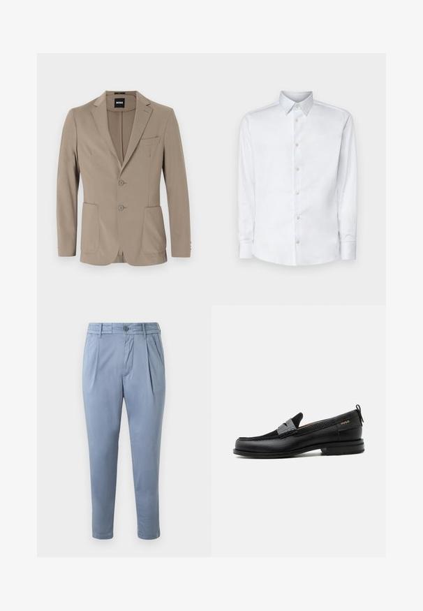Blazer ajusté beige en tissu doux. Doté d'un design à un bouton avec deux boutons, revers crantés et deux poches avant.; Chemise blanche à manches longues en tissu lisse, dotée d'un col classique, d'une patte de boutonnage et de poignets avec boutons, présentée sur un fond uni.; Pantalons bleu clair, fuselés, en tissu lisse avec un devant plat, des plis et une fermeture à bouton. Équipés de poches latérales et d'ourlets à revers.; Mocassin en cuir noir avec détail de bride grise, talon bas et semelle texturée, marqué "HUGO" en or sur le côté.