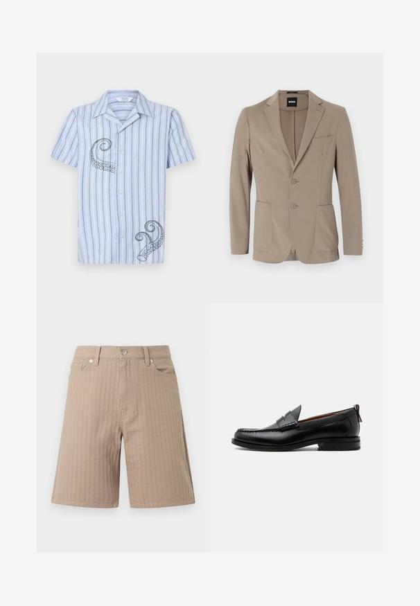 Blazer entallado beige hecho de tela suave. Presenta un diseño de un solo botón con dos botones, solapas en muesca y dos bolsillos frontales.; Camisa de manga corta a rayas en azul claro con bordado de pulpo negro en el lado izquierdo y diseño de botones en el frente.; Pantalones cortos beige hechos de tela texturizada con rayas verticales, una cinturilla con un botón frontal y bolsillos laterales.; Mocasín de hombre de piel negra con costura moc toe, tira penny, cuello texturizado y tacón bajo apilado sobre fondo blanco.