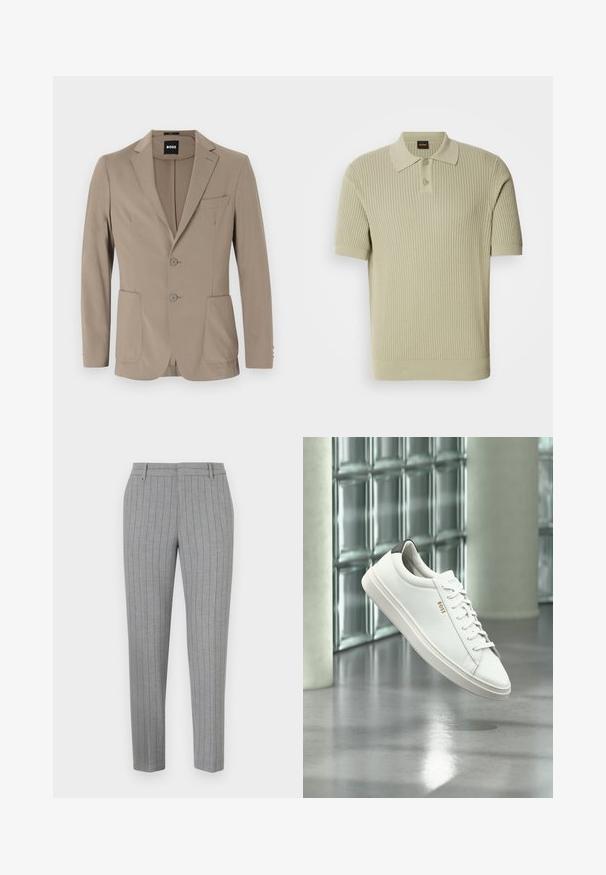 Beige taillierter Blazer aus weichem Stoff. Verfügt über ein einreihiges Design mit zwei Knöpfen, Reverskragen und zwei frontalen Taschen.; Hellgrünes, geripptes Polohemd mit kurzen Ärmeln, das über eine knöpfbare Blende und einen flachen Kragen verfügt. Weiche Strickstruktur mit körpernahem Schnitt.; Graue Nadelstreifenhose mit tailliertem Schnitt, flacher Front und Seitentaschen. Hergestellt aus einem glatten Stoff mit einem dezenten Glanz.; Weißer Leder-Low-Top-Sneaker mit Schnürsenkeln, schwarzer Fersenschlaufe und „BOSS“-Logo, der drinnen nahe einer Glassteinwand und einem polierten Boden schwebt.