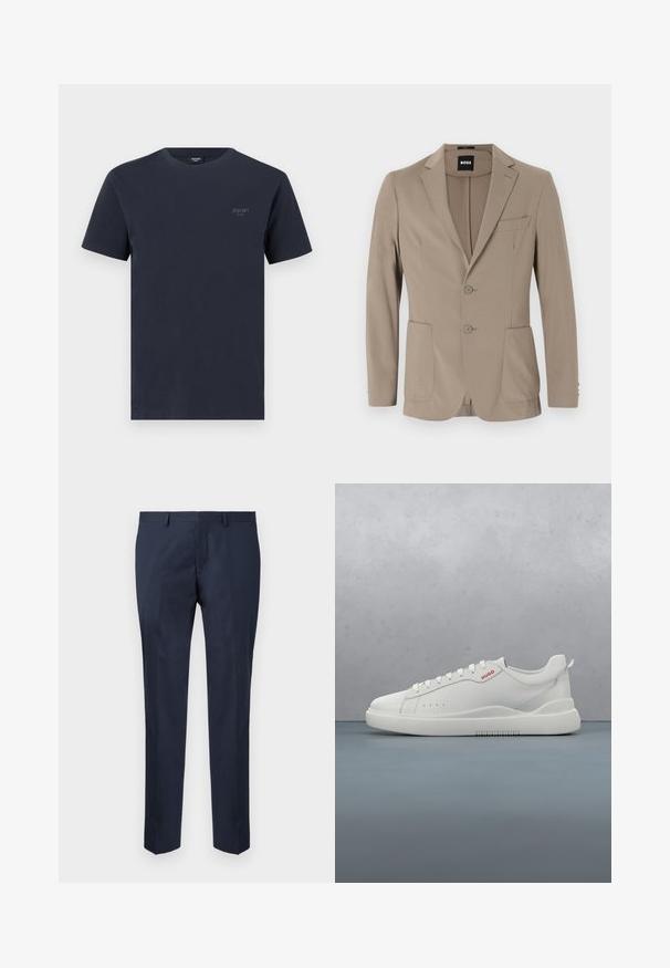 Blazer entallado beige hecho de tela suave. Presenta un diseño de un solo botón con dos botones, solapas en muesca y dos bolsillos frontales.; Camiseta de algodón navy con cuello redondo, mangas cortas y un pequeño logo de marca en gris en el lado izquierdo del pecho. Textura suave.; Pantalones de corte ajustado en azul marino, fabricados con una tela suave. Presentan un diseño de pierna recta con frente plano y bolsillos laterales.; Zapatilla blanca con un acabado de cuero liso, punta redonda, cuatro ojales, perforaciones sutiles y un detalle de logo rojo en el lateral.