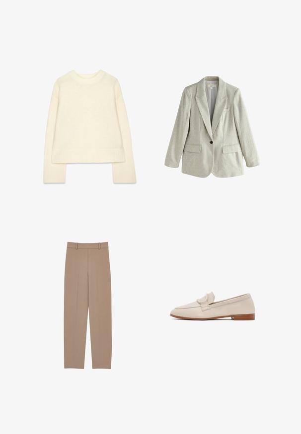 Lys beige hørblazer med enkelt knap, hakkede revers og frontlommer med klap, vist på en hvid baggrund.; Cremefarvet strikket sweater med rund halsudskæring, sænket skuldre og lange ærmer. Har ribbede manchetter og lige kant.; Beige skræddersyede bukser med lige ben, der har en plisseret front, bæltestropper og subtile syninger. Glat, letvægtigt stof.; Beige læderloafer med lav, stablet brun hæl og remdetalje tværs over toppen, vist i sideprofil på hvid baggrund.